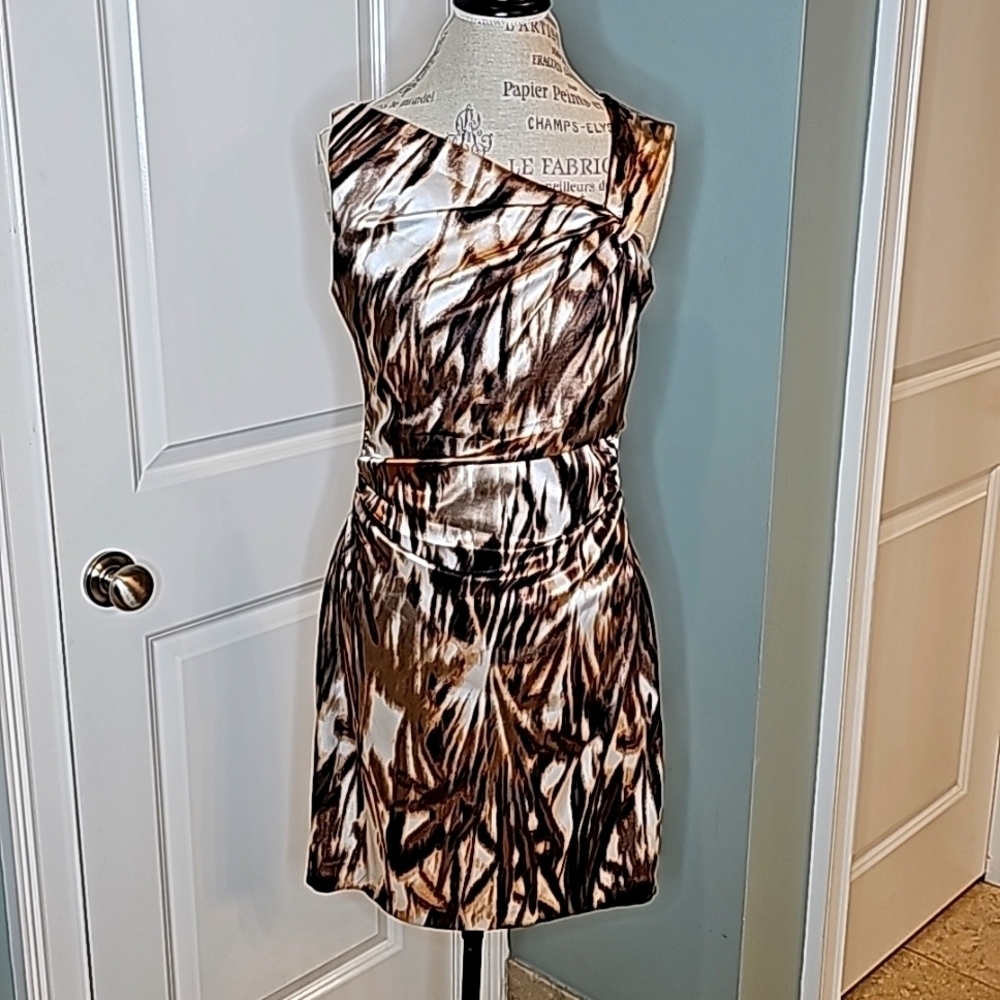 Maggie London Brown Tan Cream Faux Wrap Pleated Formal Party Dress - Size 12 - Picture 2 of 9